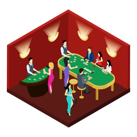 Poker and gambling with men women wearing dresses and suits isometric vector illustrationのイラスト素材