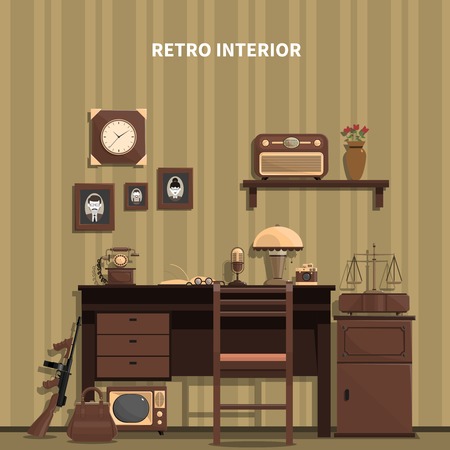 Retro interior with a microphone a table a radio and photos flat vector illustrationのイラスト素材