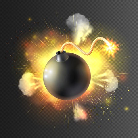 Boom little round bomb exploding with festive light clouds against black background icon print abstract vector illustrationのイラスト素材