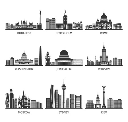 World famous capitals distinctive landscapes architecture sightseeing and landmarks black pictograms set abstract isolated vector illustrationのイラスト素材