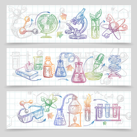 Chemistry horizontal sketch banners set with microscope and glasses isolated vector illustrationのイラスト素材