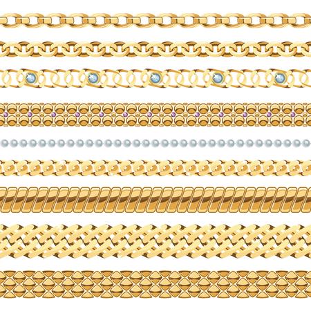 Jewelry chains realistic set with gold and pearl chains isolated vector illustrationのイラスト素材