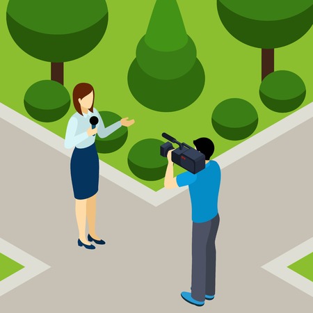 Journalist woman reporting live outdoor in the city park with professional operator isometric banner abstract vector illustrationのイラスト素材