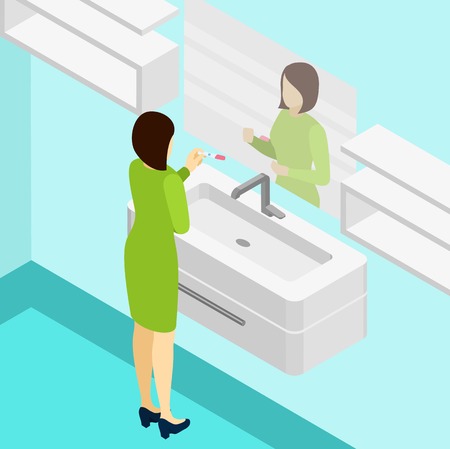 Pregnancy positive test with woman looking in a mirror isometric vector illustrationのイラスト素材
