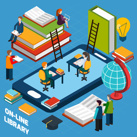 Online library isometric concept with mobile device and people reading booksのイラスト素材