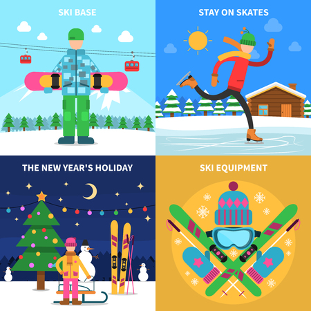 Winter sport design concept set with ski equipment flat icons isolated vector illustrationのイラスト素材