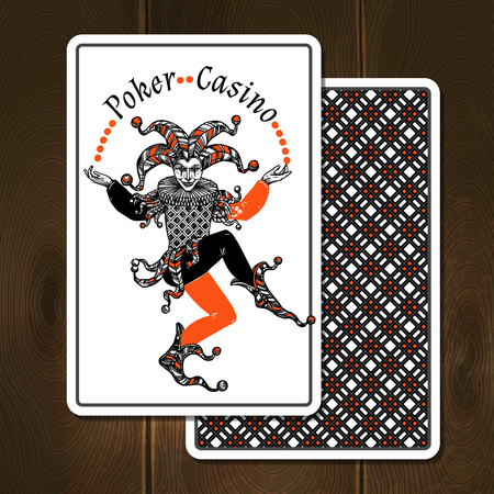 Joker cards on wooden background with poker casino title realistic vector illustrationのイラスト素材