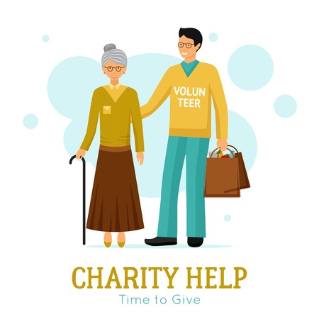 Charity organization flat poster with volunteer helping old woman with daily tasks abstract vector illustrationのイラスト素材