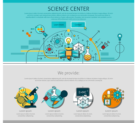 Science center line page with chemistry and physics symbols flat isolated vector illustrationのイラスト素材