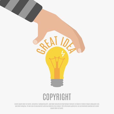 Copyright compliance design concept with  bright light bulb human hand and great idea text vector illustrationのイラスト素材