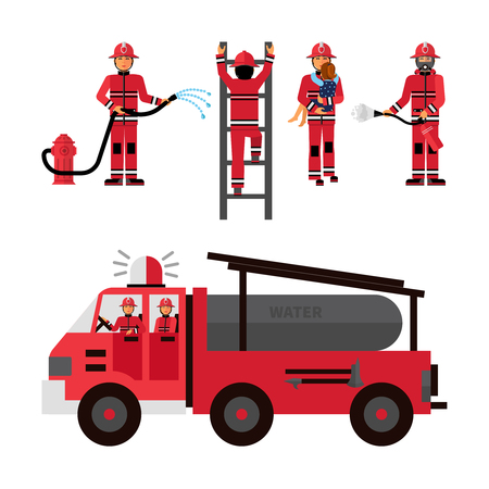 Firefighter flat color icons set on white background with firetruck and fireman brigade isolated vector illustrationのイラスト素材