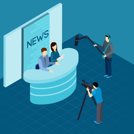 Professional journalist at work broadcasting breaking news live from tv studio isometric banner abstract vector illustrationのイラスト素材