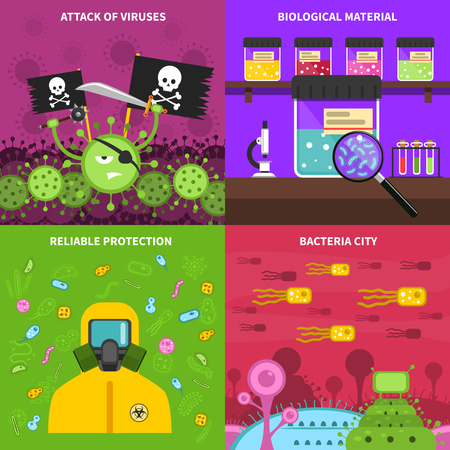 Microbiology design concept set with bacteria protection flat icons isolated vector illustrationのイラスト素材