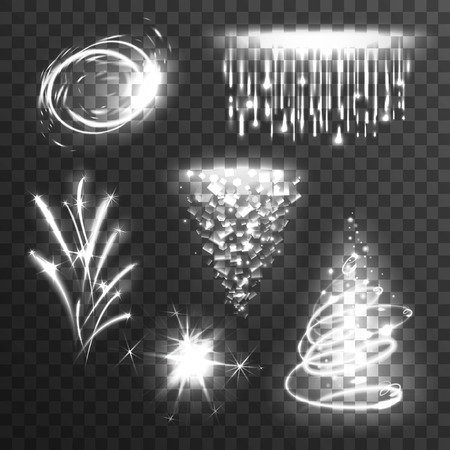 Lightning firework and burning light effects white set isolated on transparent backgroundのイラスト素材