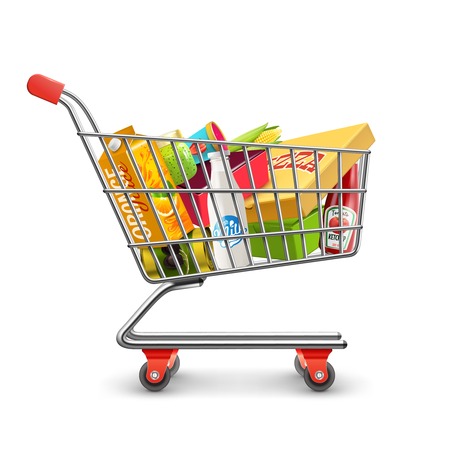 Self-service supermarket full shopping trolley cart with fresh grocery products and red handle realistic vector illustrationのイラスト素材