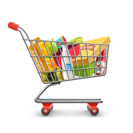 Self-service supermarket full shopping trolley cart with fresh grocery products and red handle realistic vector illustration