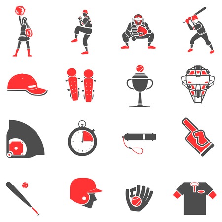 Baseball flat black and red icons set with sport equipment symbols isolated vector illustrationのイラスト素材