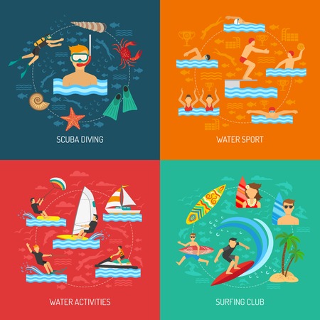 Water sport 2x2 flat design concept with people physical activity in scuba diving surfing and water games vector illustrationのイラスト素材