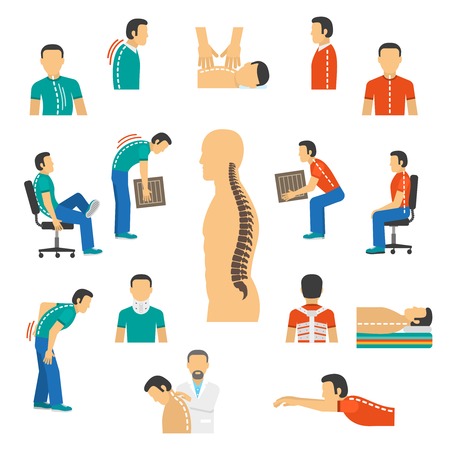 Flat color isolated icons for diagnosis spine diseases and treatment back pain vector  illustrationのイラスト素材