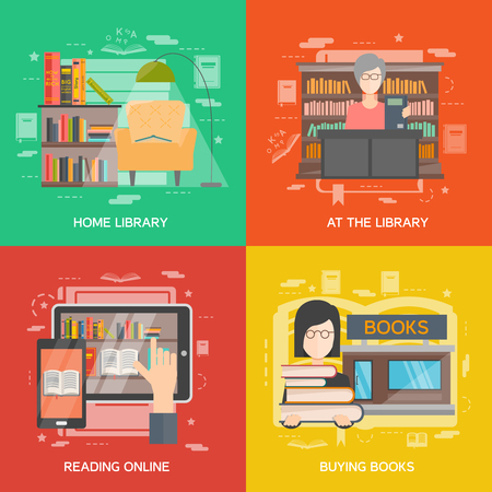 Library design concept set with online reading flat icons isolated vector illustrationのイラスト素材