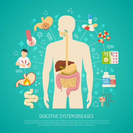 Digestive system diseases with human body on green background flat vector illustrationのイラスト素材