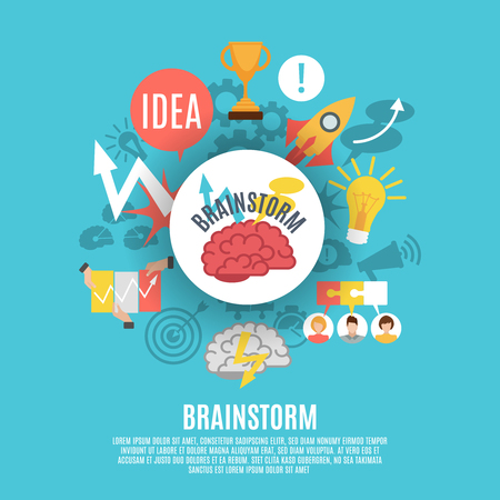 Flat poster composed of different brainstorm icons including red brain in center on blue background vector illustrationのイラスト素材