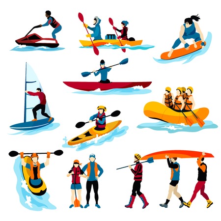 Extreme water sports flat color icons set with people in rafting surfing canoeing kayaking windsurfing isolated vector illustrationのイラスト素材