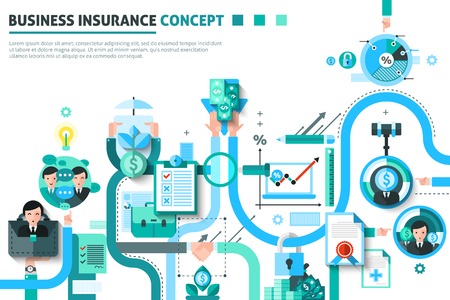 Business insurance concept with money and risk symbols flat vector illustrationのイラスト素材