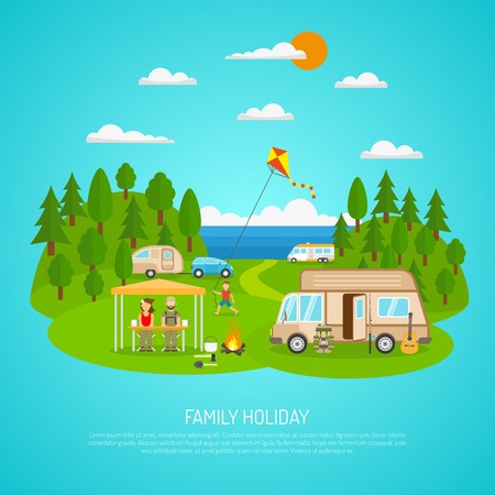 Family camping by the sea with motorhomes forest and fires flat vector illustrationのイラスト素材