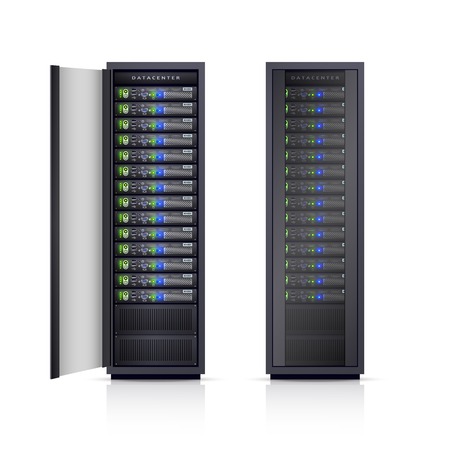 Two black adjustable computer server racks enclosures boxes design icons print realistic isolated...