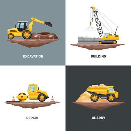 Building construction machinery 4 flat icons design with yellow crane excavator and truck abstract isolated vector illustrationのイラスト素材