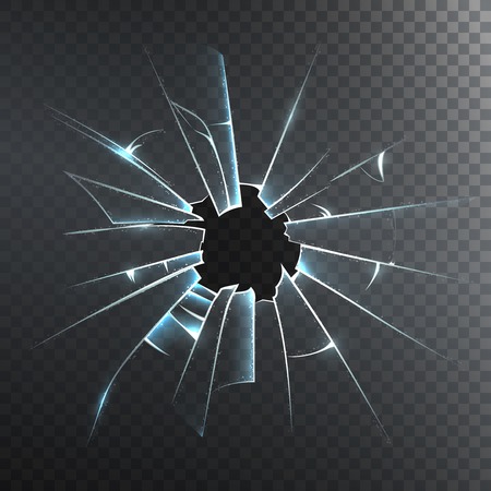 Accidentally broken frosted window pane or front door glass realistic decorative dark background icon vector illustrationのイラスト素材