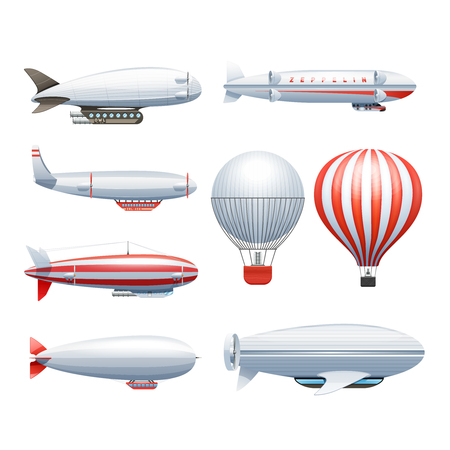 Dirigible and hot air balloons airships in flight icons collection  white red abstract isolated vector illustrationのイラスト素材