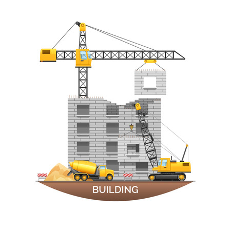 Urban building under construction with concrete wall panel hanging from tower crane flat poster abstract vector illustrationのイラスト素材