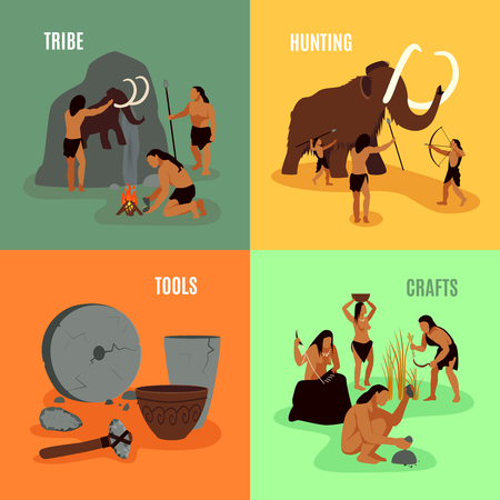 Prehistoric stone age caveman being elements tribe hunting tools and crafts flat 2x2 images set vector illustrationのイラスト素材