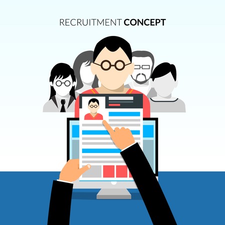 Recruiment flat concept with recruiter holding cv and candidates on background vector illustrationのイラスト素材