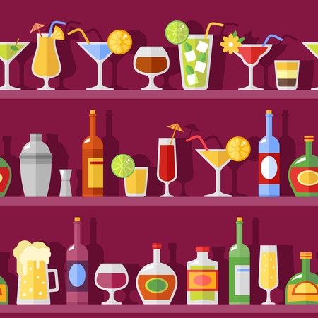 Vector background illustration with flat shadow bottles and cocktail glasses on shelves in retro styleのイラスト素材