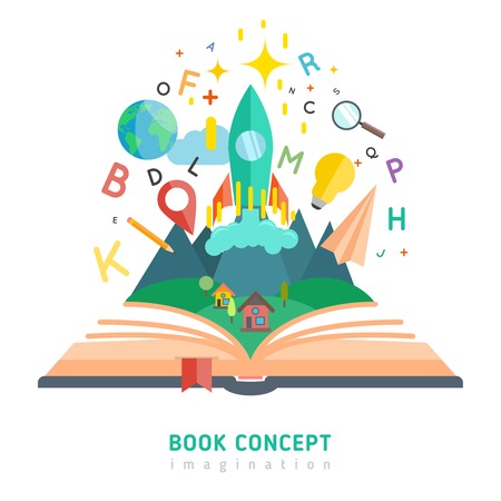 Book concept with flat imagination and education symbols vector illustrationのイラスト素材