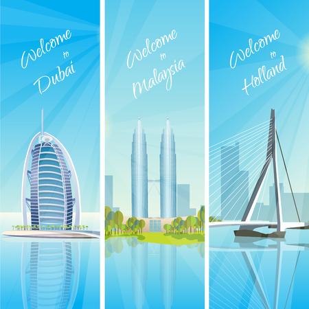 Modern cityscapes 3 vertical banners travel poster with kuala lumpur twin towers and rotterdam harbor vector illustrationのイラスト素材