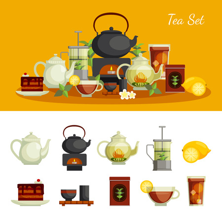 Tea icons set with lemon sugar and cake flat isolated vector illustrationのイラスト素材