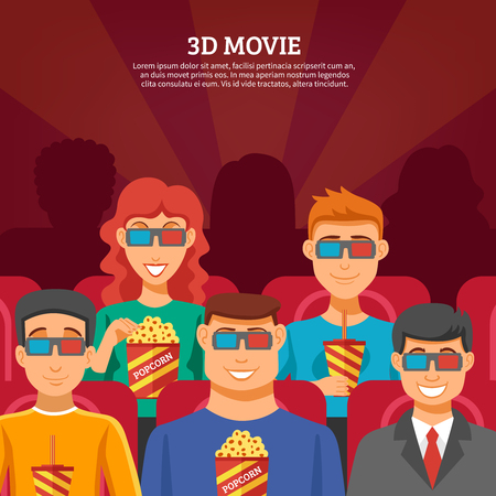 Cinema design concept with viewers watching 3d movie and eating popcorn flat vector illustrationのイラスト素材