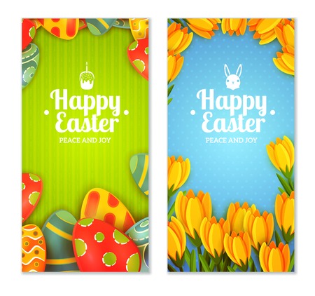 Easter vertical banner set with decorated eggs and spring flowers isolated vector illustraionのイラスト素材