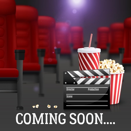 Cinema and filmmaking realistic background with cola and popcorn vector illustrationのイラスト素材