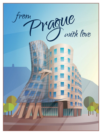Prague city views travel poster with modern curvy dancing office building with top floor restaurant vector illustrationのイラスト素材