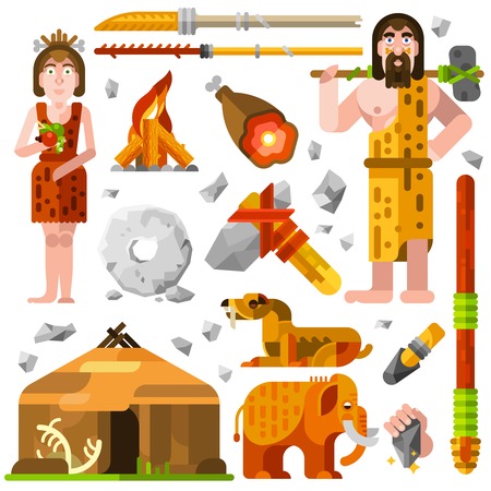 Prehistoric stone age cartoon decorative icons with cavemen family fire hut food and weapon for hunting isolated vector illustrationのイラスト素材