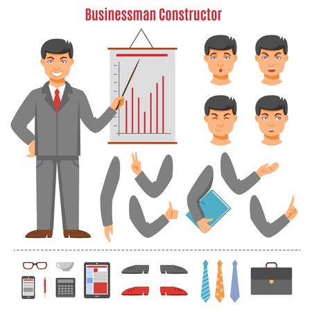 Businessman constructor set with young man face hands and business attributes flat icons isolated vector illustrationのイラスト素材