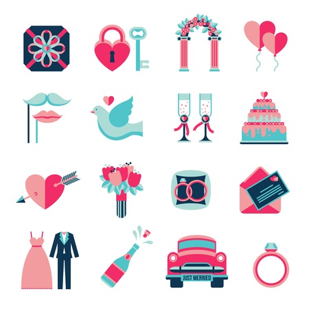 Ilustración de Flat icons set of different wedding elements from wedding car to doves and hearts isolated vector illustration - Imagen libre de derechos