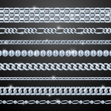 Silver realistic chains set on black background isolated vector illustrationのイラスト素材