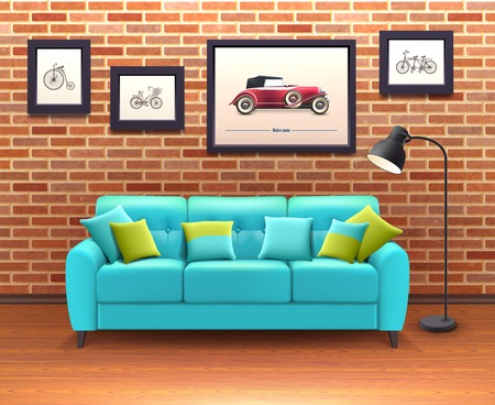 Vibrant turquoise sofa with decorative pillows brings color in sitting room brick walls interior realistic vector illustrationのイラスト素材