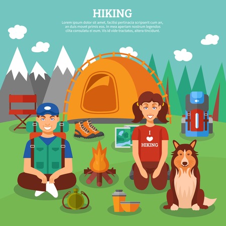 Hiking concept with people and dog sitting in front of campfire and mountains on background vector illustrationのイラスト素材